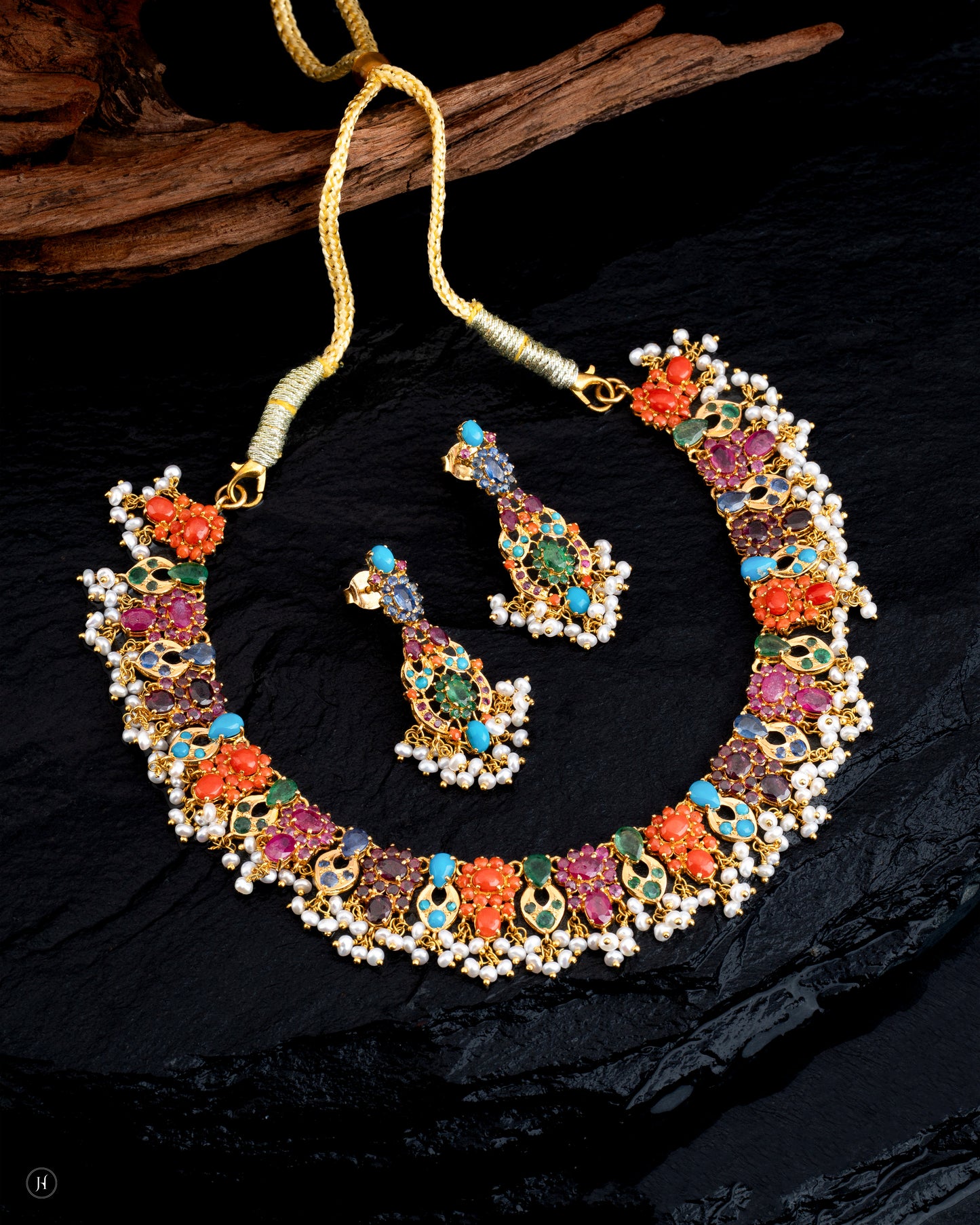 21Karat Yellow Gold Pakistani Multicolor Gemstone Pearl Necklace Set