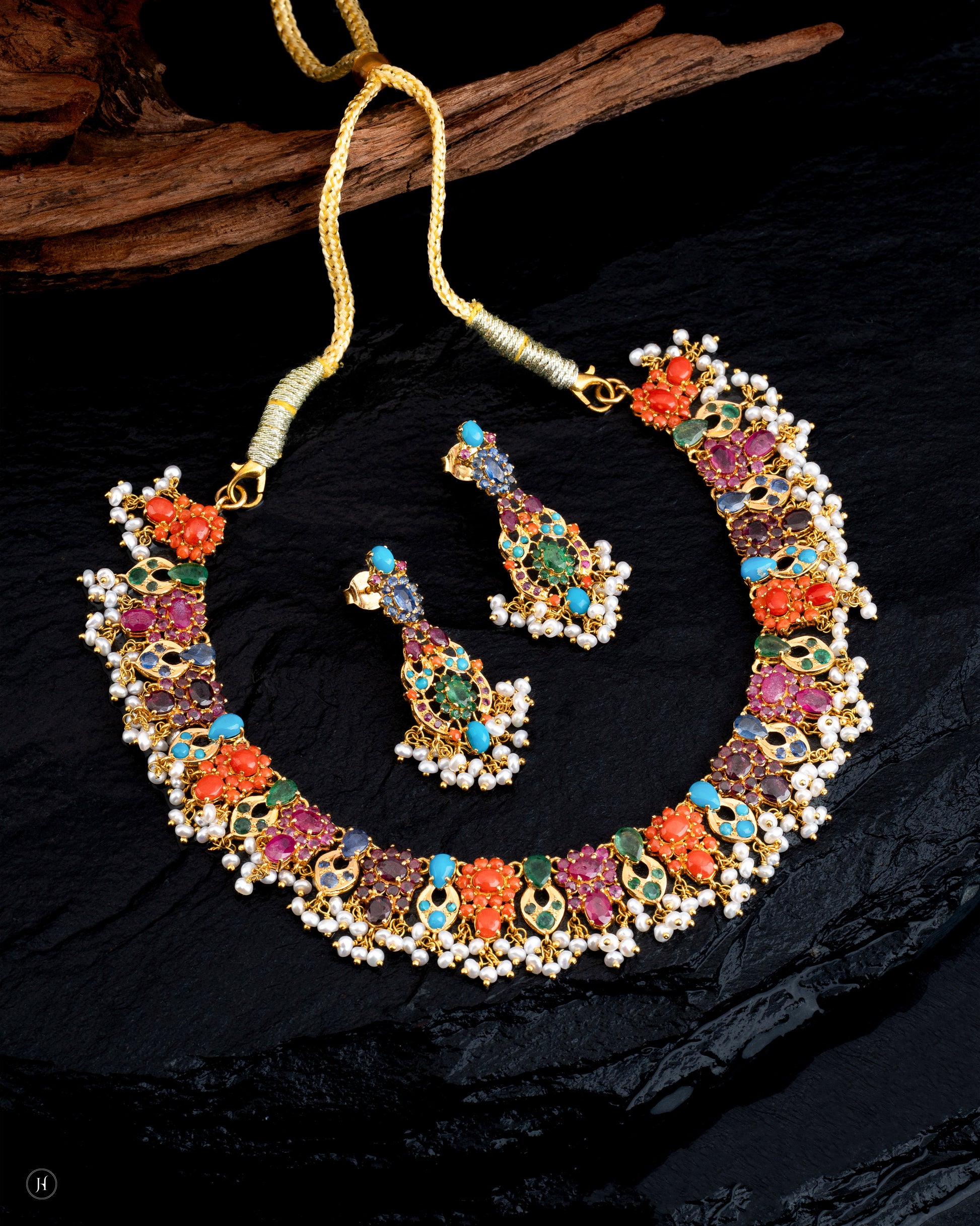 21Karat Yellow Gold Pakistani Multicolor Gemstone Pearl Necklace Set