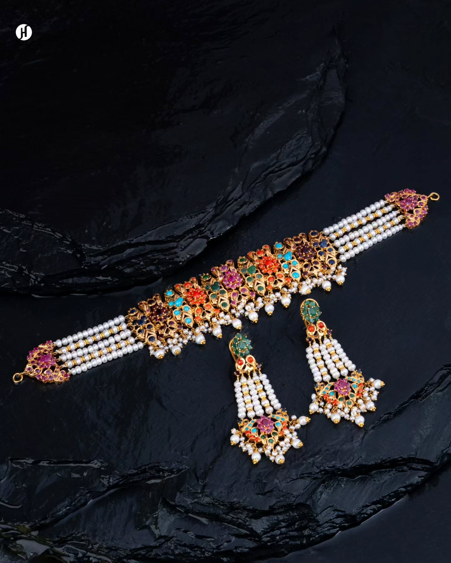 21Karat Yellow Gold Pakistani Multistone Blossom Choker Set with Pearls | Bridal Jewellery for Women - J.H Jewellers.