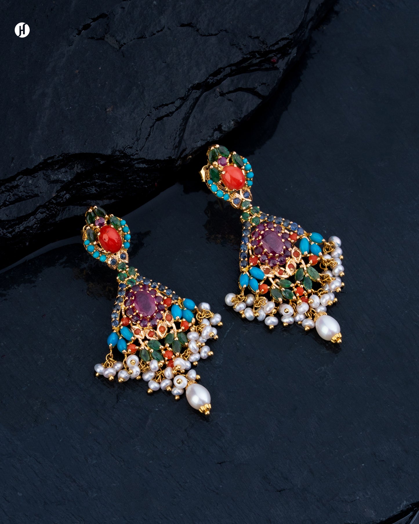 21Karat Yellow Gold Pakistani Oval Floral Multi-Gemstone Bridal Earrings for Khaleeji Women