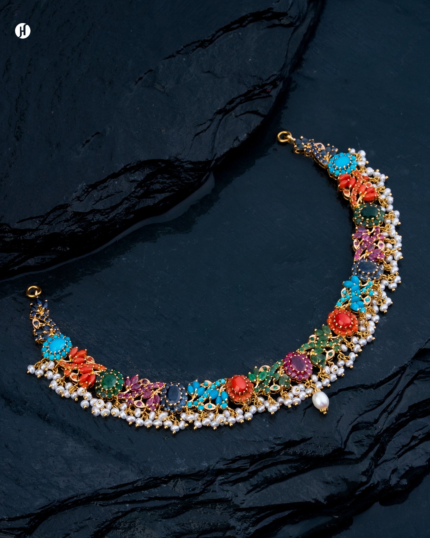 21Karat Yellow Gold Pakistani Oval Floral Multi-Gemstone Bridal Necklace for Khaleeji Women