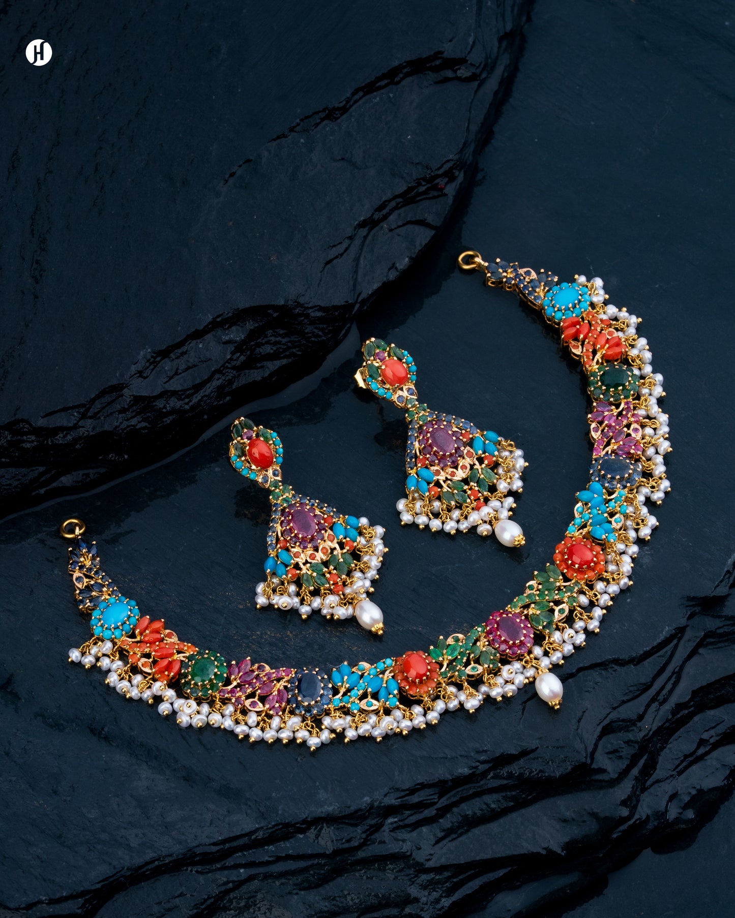 21Karat Yellow Gold Pakistani Oval Floral Multi-Gemstone Bridal Necklace Set for Khaleeji Women