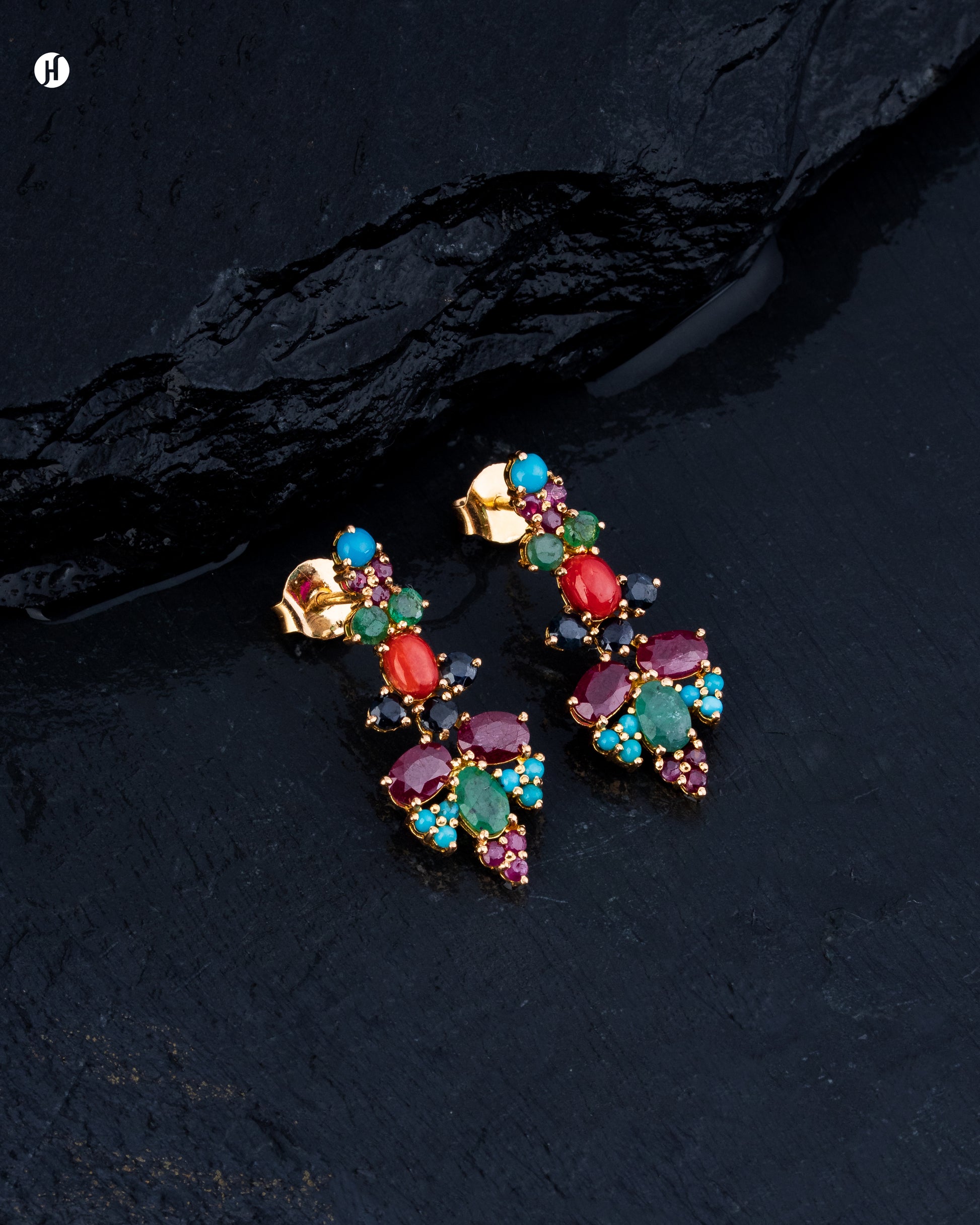 21Karat Yellow Gold Pakistani Oval Multi-Gemstone Earrings for Ladies.