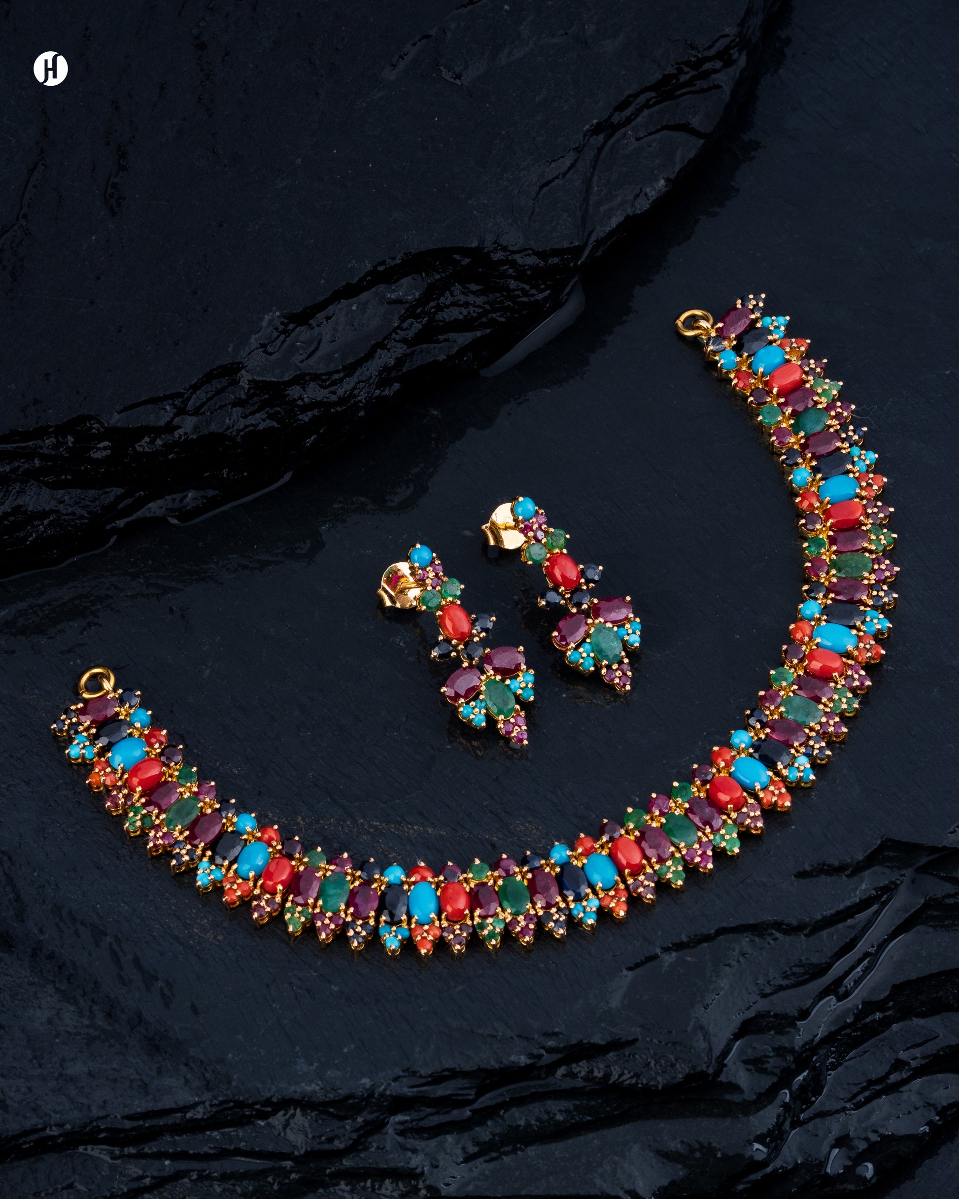 21Karat Yellow Gold Pakistani Oval Multi-Gemstone Necklace Set for Ladies.