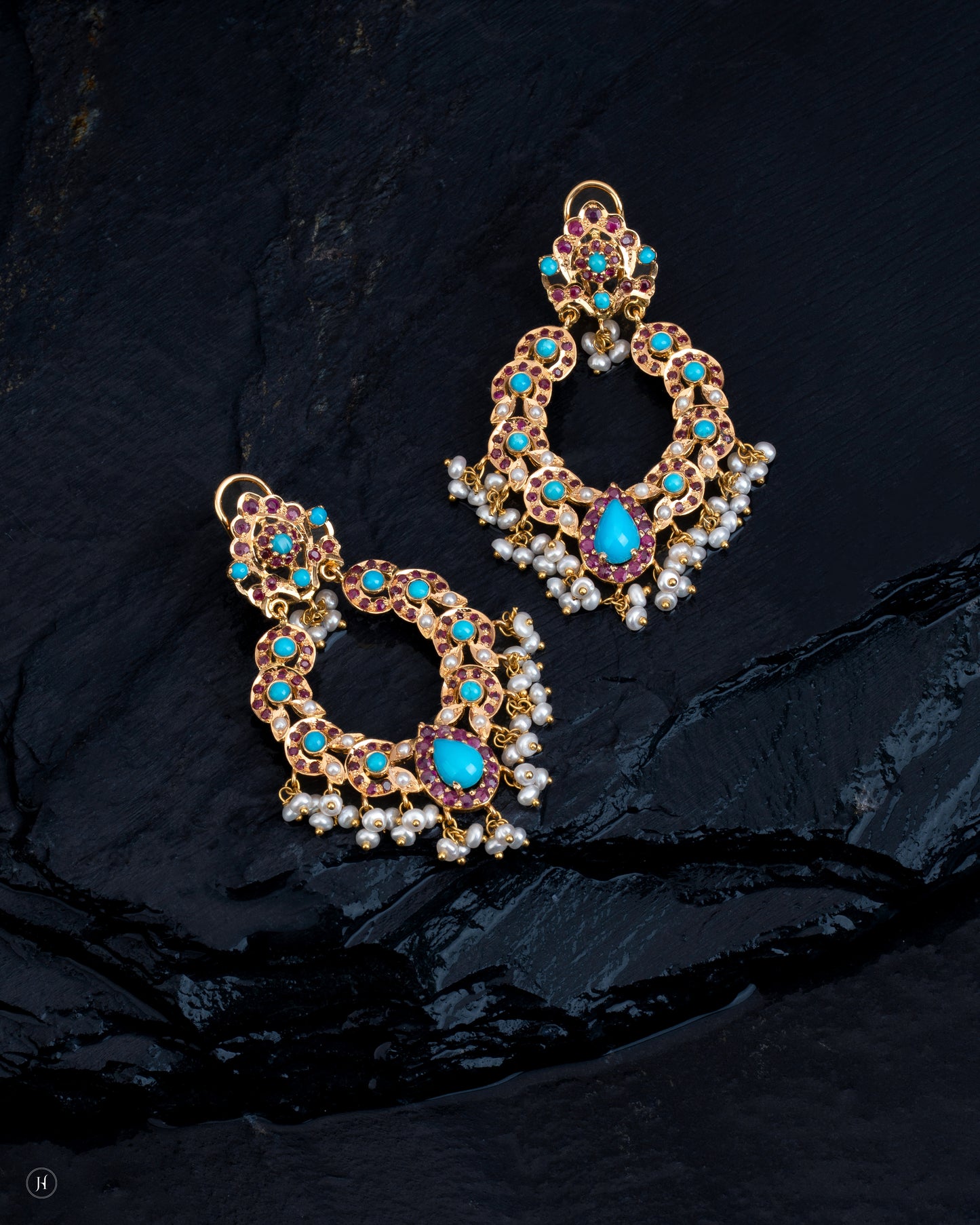 21Karat Yellow Gold Pakistani Pear-Floral Bridal Earrings with Turquoise for Ladies.
