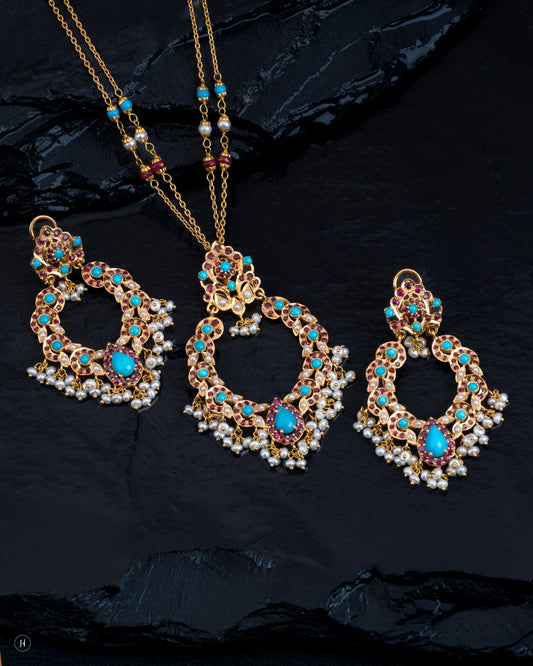 21Karat Yellow Gold Pakistani Pear-Floral Bridal Necklace Set with Turquoise for Ladies.