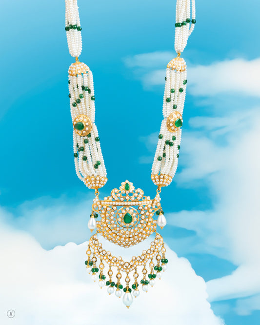 21Karat Yellow Gold Pakistani Pearl Emerald Long Necklace Set | Online Jewellery Store in Dubai