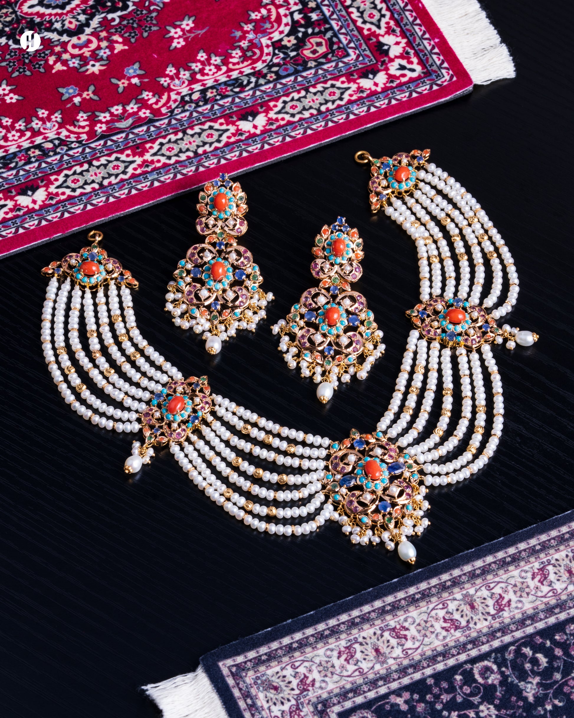21Karat Yellow Gold Pakistani Regal Pearl & Gemstone Choker Set for Arab women in UAE
