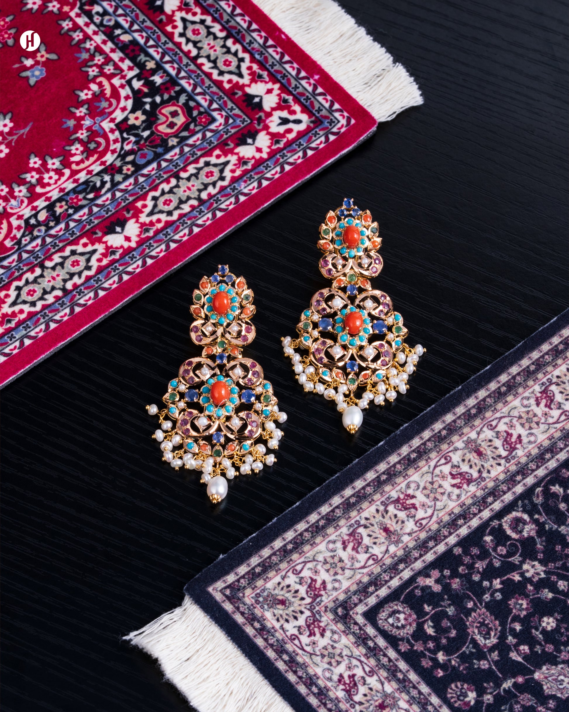 21Karat Yellow Gold Pakistani Regal Pearl & Gemstone Earrings for Arab women in UAE