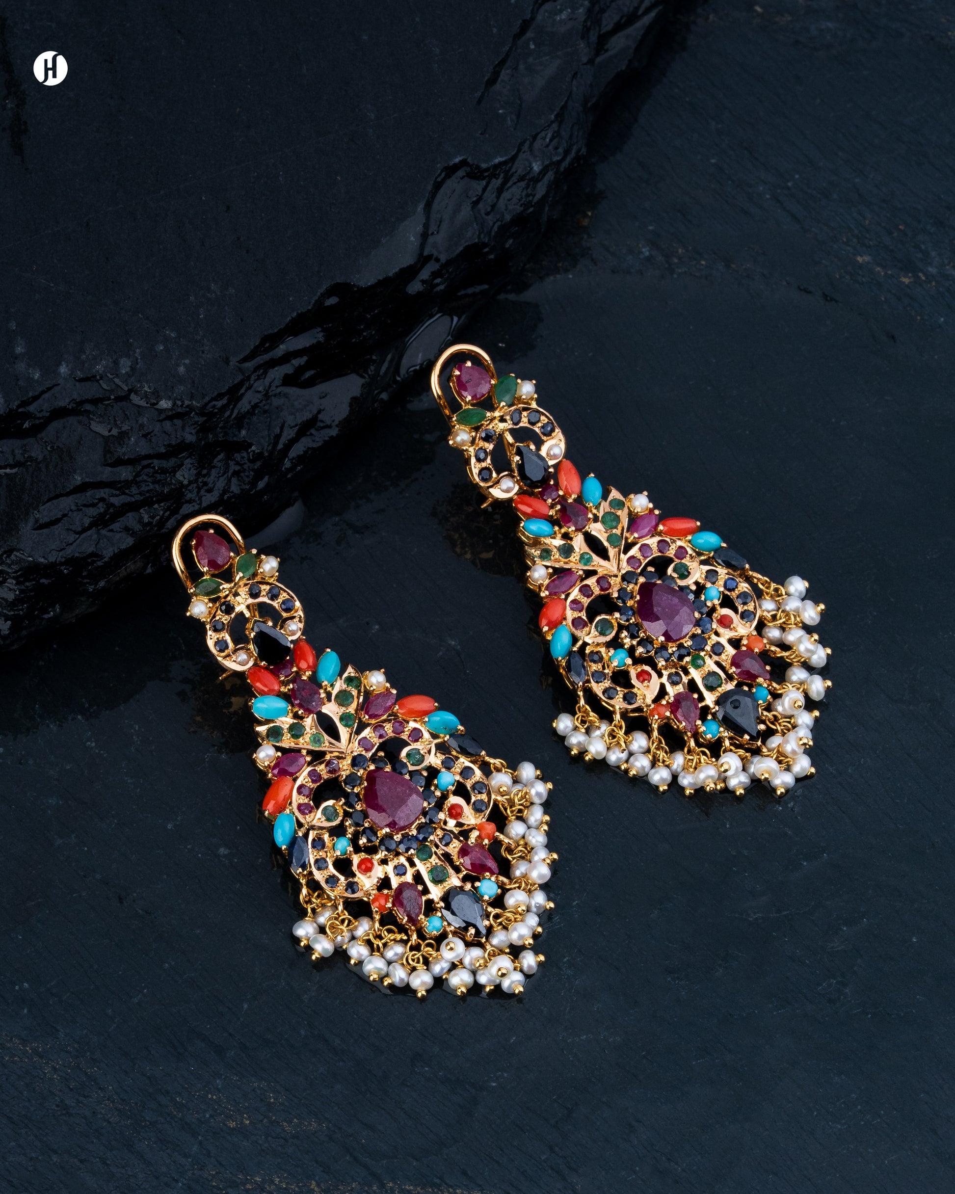 21Karat Yellow Gold Pakistani Royal-Floral Gemstone Bridal Earrings for Ladies - Online Jewellery Store in Sharjah and Dubai, UAE.