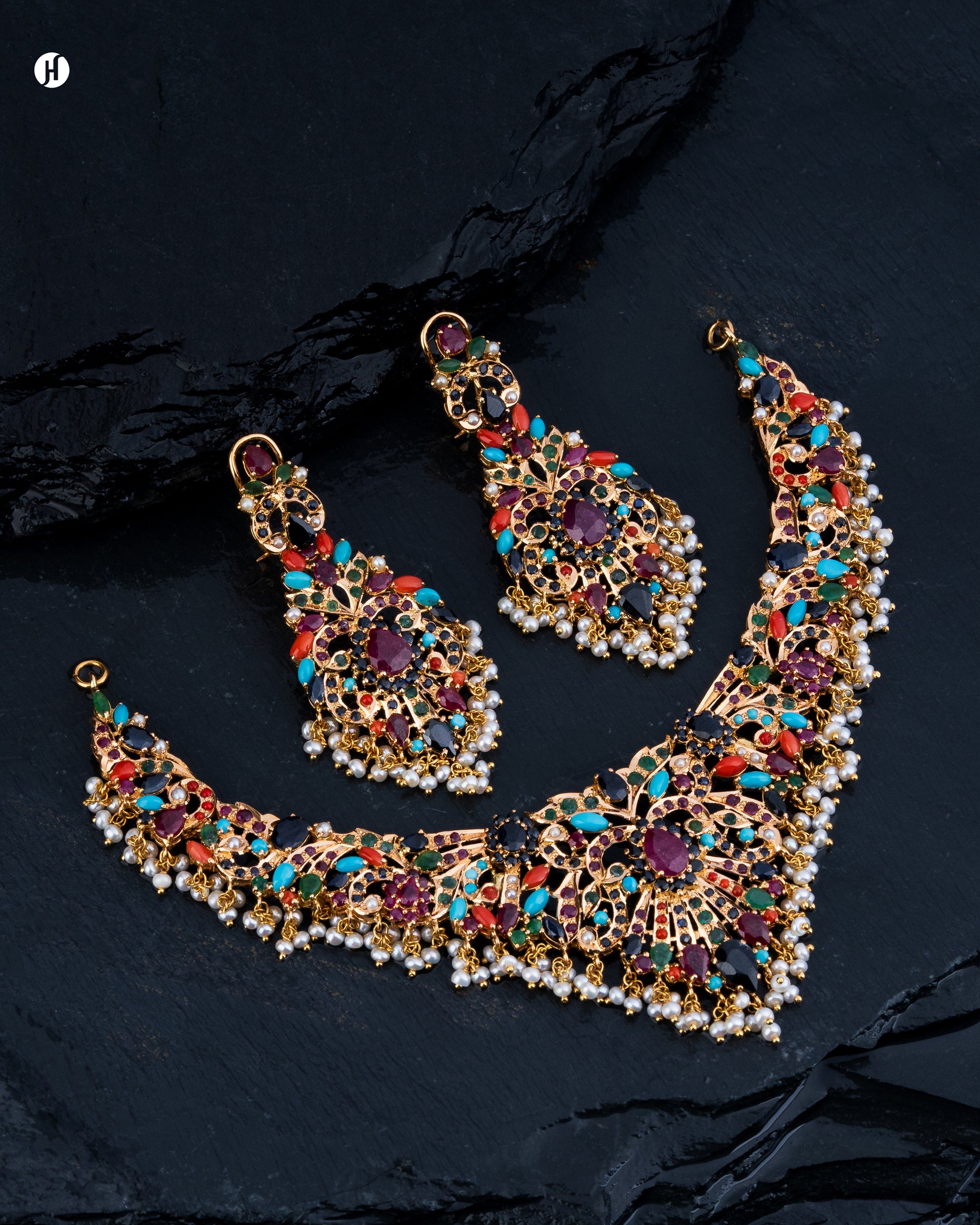 21Karat Yellow Gold Pakistani Royal-Floral Gemstone Bridal Necklace Set for Ladies - Online Jewellery Store in Sharjah and Dubai, UAE.