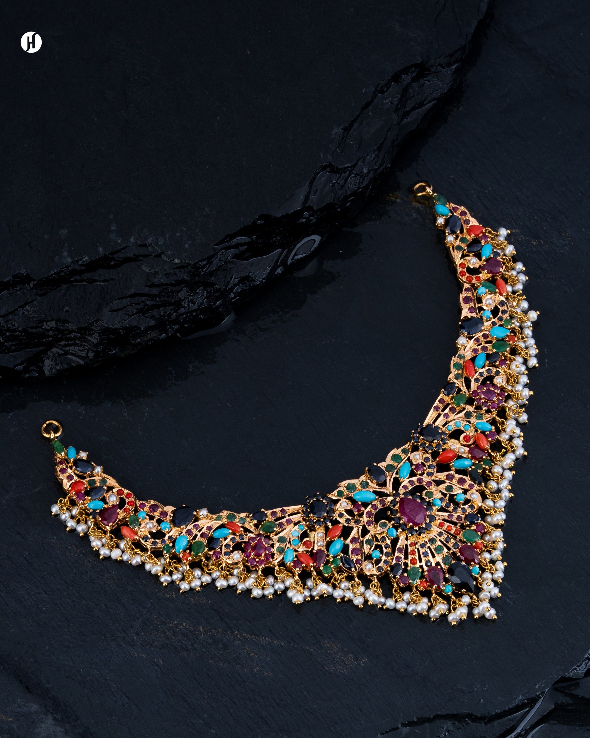 21Karat Yellow Gold Pakistani Royal-Floral Gemstone Bridal Necklace for Ladies - Online Jewellery Store in Sharjah and Dubai, UAE.