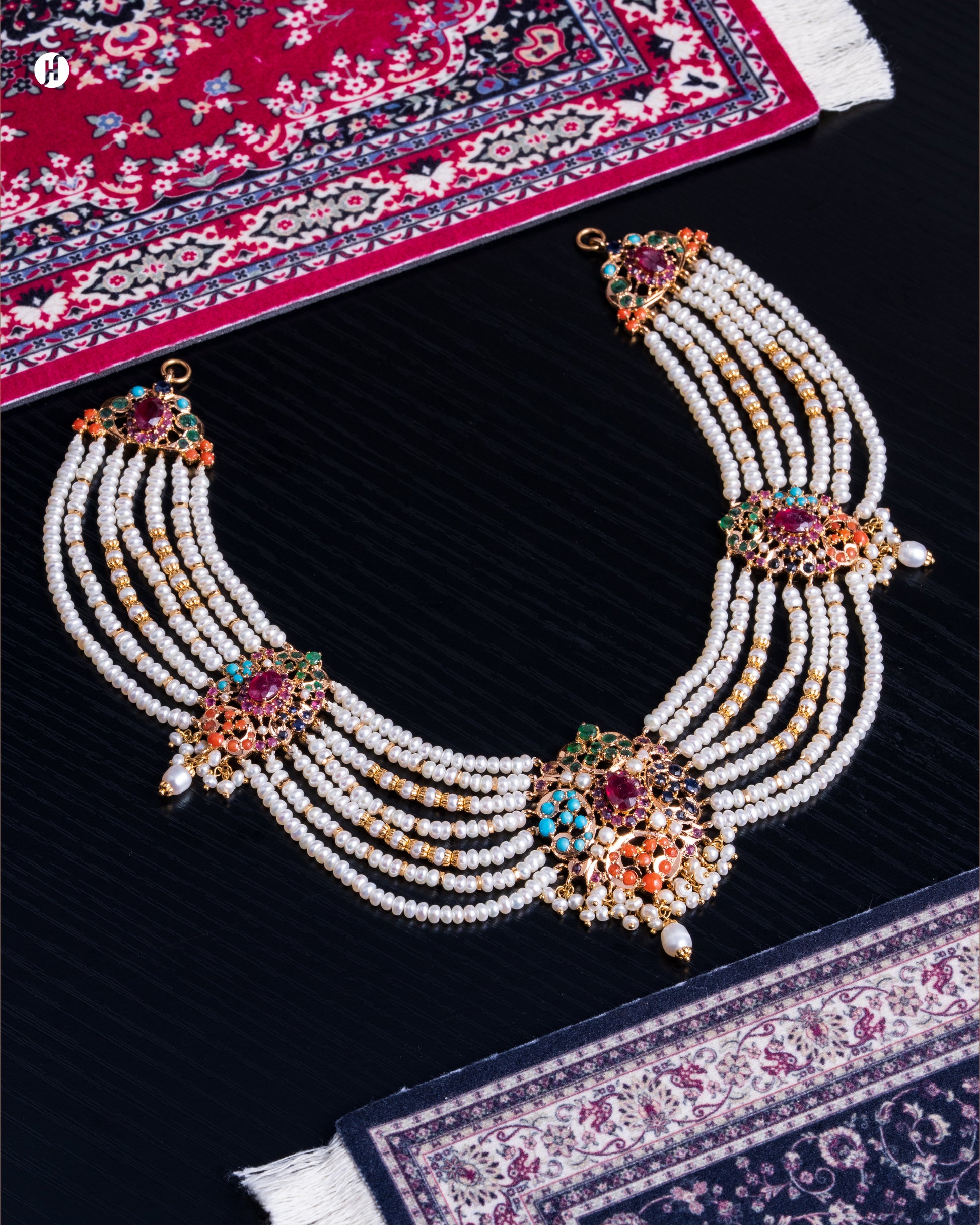 21Kara Yellow Gold Pakistani Royal Pearl & Gemstone Bridal Choker Set for women in UAE | online Jewellery store In UAE