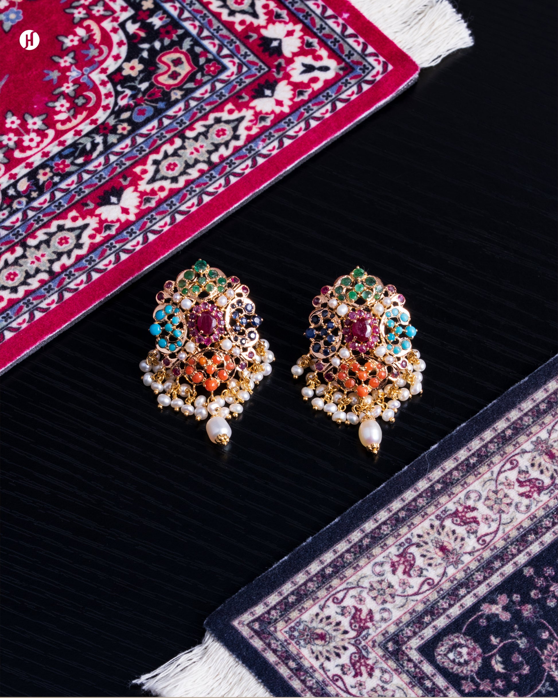 21Karat Yellow Gold Pakistani Royal Pearl & Gemstone Bridal Earrings for women in UAE | online Jewellery store In UAE