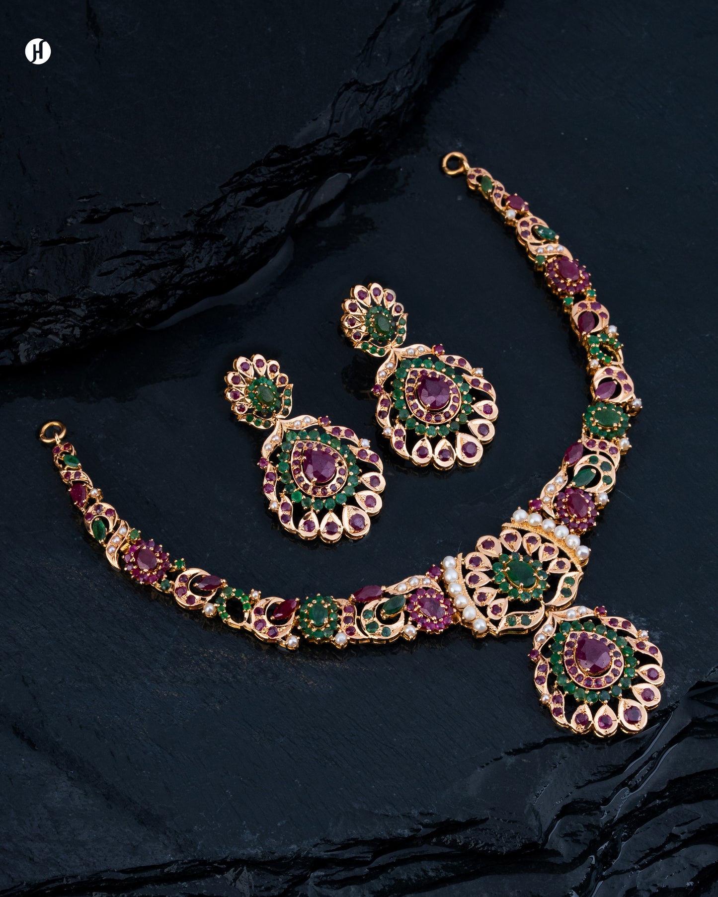 21Karat Yellow Gold Pakistani Ruby & Emerald Floral Necklace Set for Ladies.