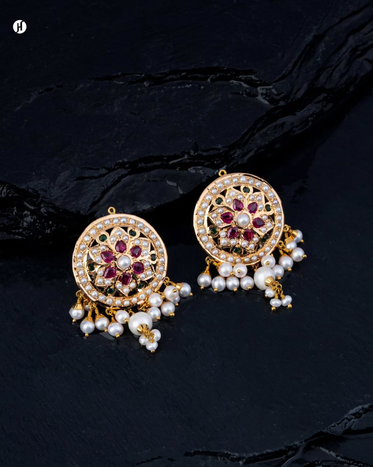 21Karat Yellow Gold Pakistani Ruby Flower Earrings with Pearls for Women.
