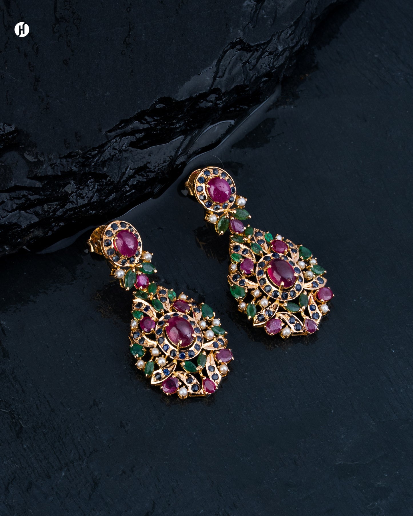 21Karat Yellow Gold Pakistani Ruby & Pearl Bridal Earrings for Ladies.