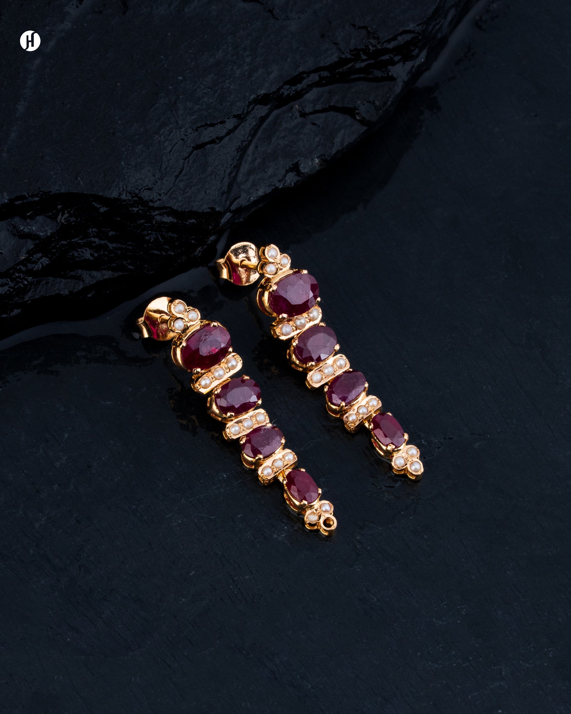 21Karat Yellow Gold Pakistani Ruby & Pearl Oval Stone Drop Earrings | Buy Bridal Jewellery Store in Sharjah, UAE.