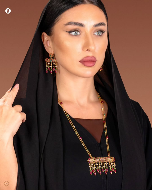 21Karat Yellow Gold Pakistani Shnaf Necklace Set with Tassel Pendant for Emirati Ladies | Bridal Jewellery