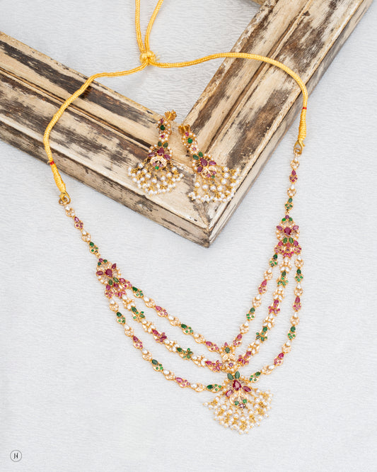 21Karat Yellow Gold Pakistani Triple-Layer Multistone Necklace Set | Online Jewellery Store in Dubai for Ladies