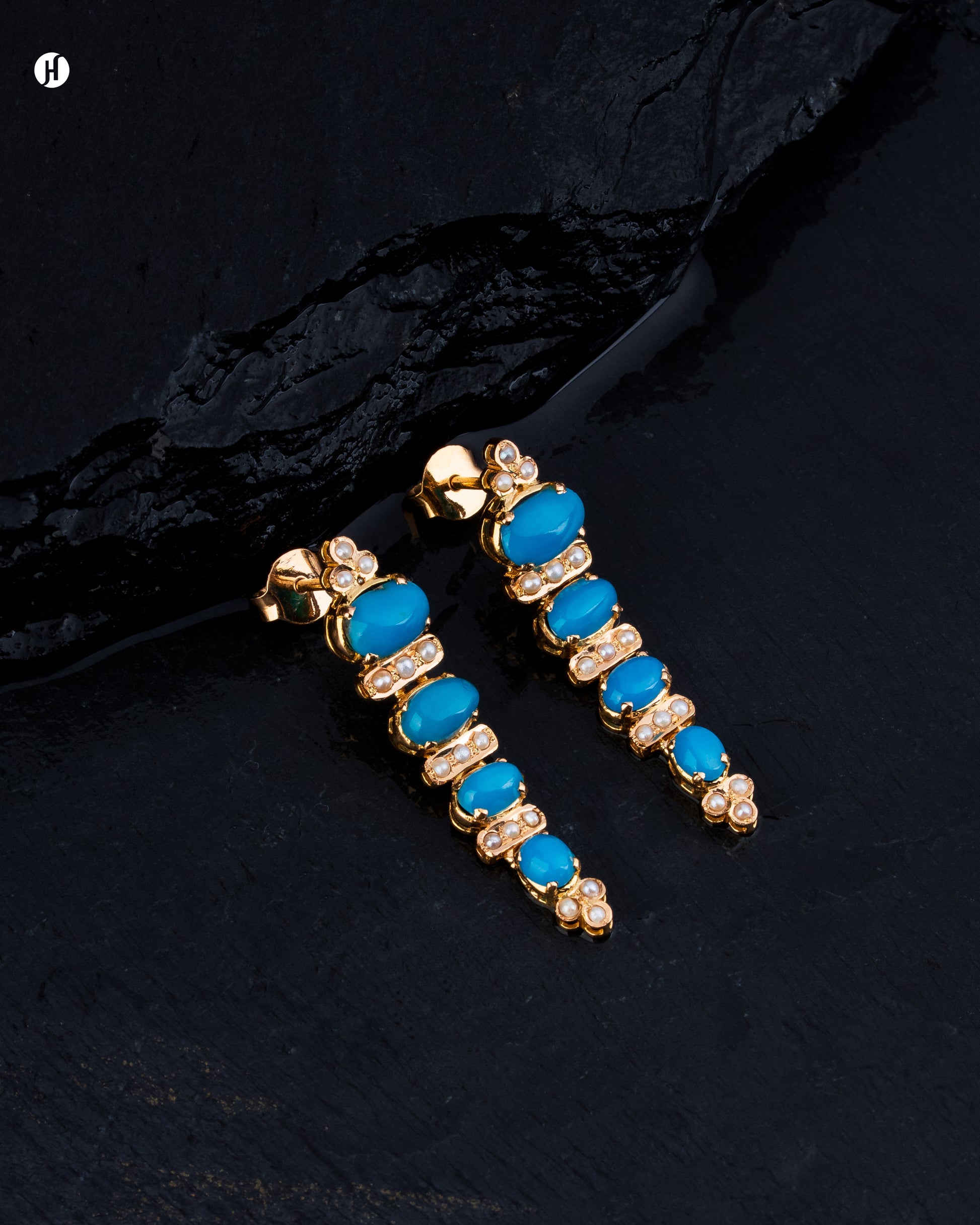 21Karat Yellow Gold Pakistani Turquoise Oval Gemstone Earrings for Ladies in Sharjah and Dubai. UAE.