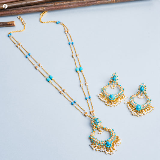 21Karat Yellow Gold Pakistani Turquoise Oval Necklace Set with Pearls for ladies in UAE.
Online jewellery store