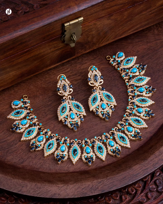 21Karat Yellow Gold Pakistani Turquoise & Sapphire Necklace Set | Online Jewellery Store for Khaleeji Women
