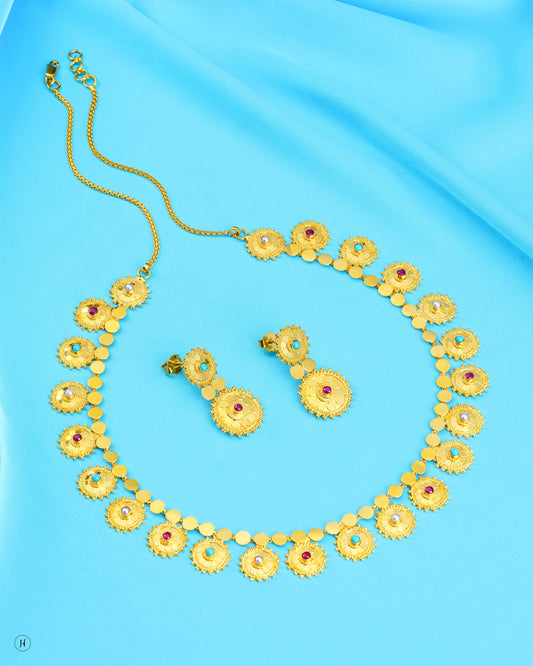 21Karat Yellow Gold Traditional Multi-Floral Motif Necklace Set | Online Arab Jewellery Store for Khaleeji Women in UAE