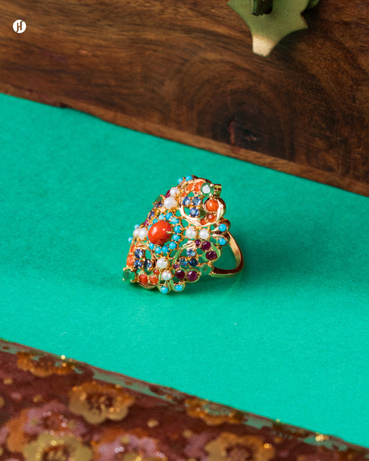 21Karat pure Yellow Gold Pakistani Floral Red Multi-Gemstone Ring for Arab women | online jewellery store in UAE