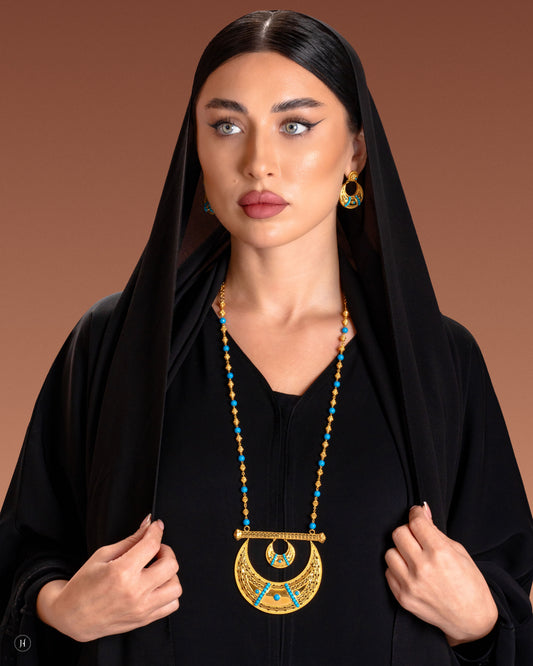 21Kt Yellow Gold Bahraini Crescent Traditional Long Necklace Set | طقم عقد طويل تقليدي من الذهب الأصفر عيار 21 قيراطًا بتصميم الهلال البحريني