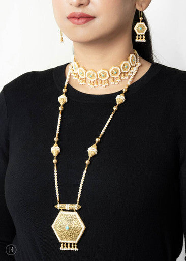 21K Yellow Gold Bahraini Hexagon Pearl Necklace Set