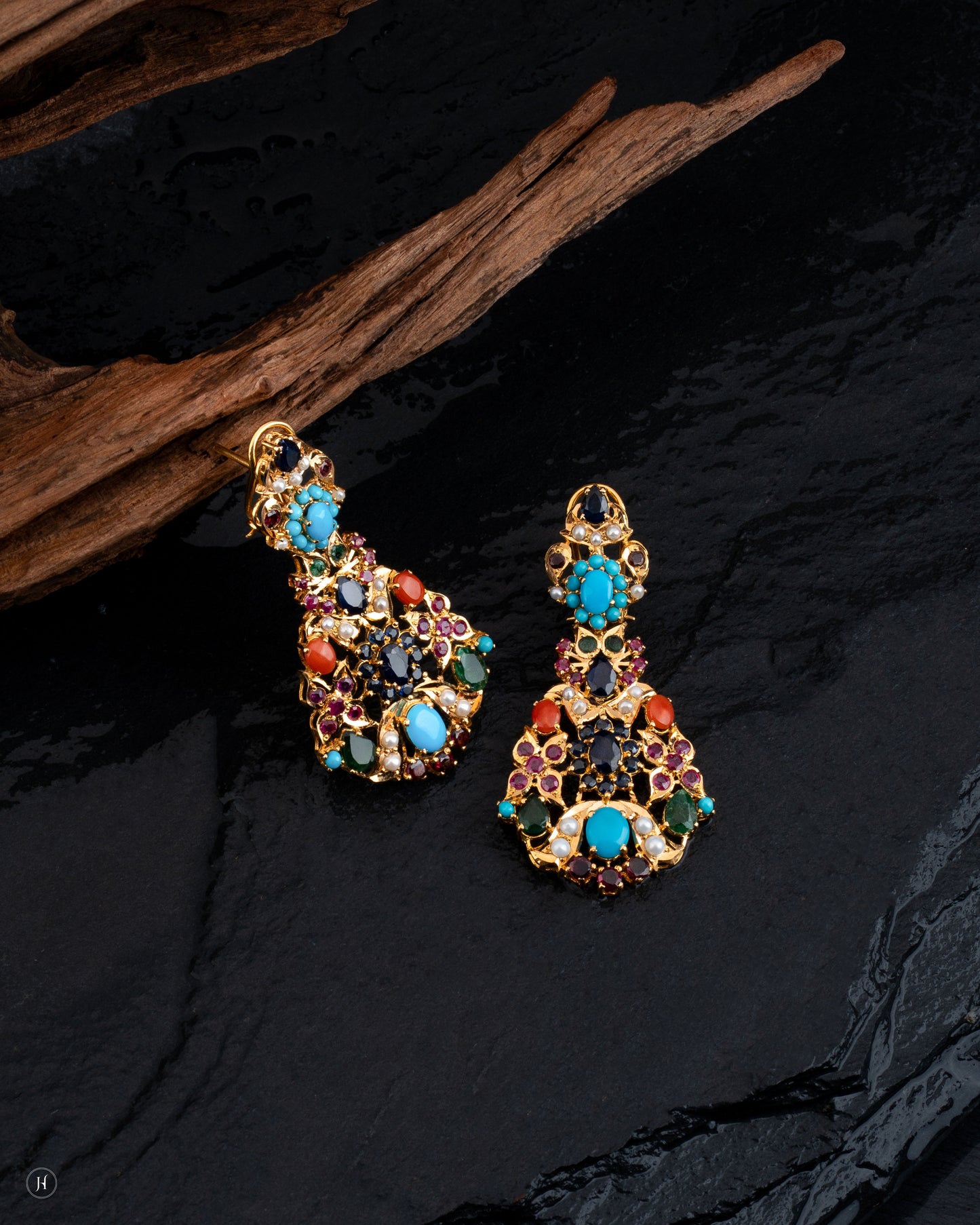 21K Yellow Gold Pakistani Three-Layer floral Gemstone Necklace Set