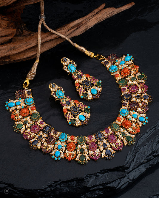 21K Yellow Gold Pakistani Multi-Gemstone Floral Princess Necklace Set