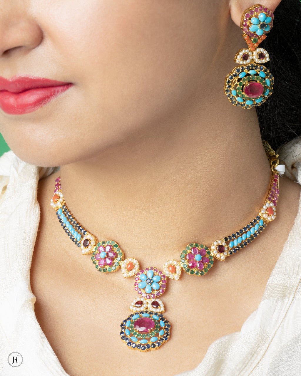 21K Yellow Gold Pakistani Ruby Semi-Precious Necklace Set