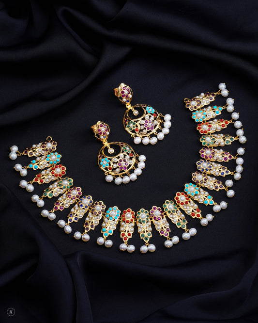 21K Yellow Gold Pakistani Multi-Color Floral Motif Pearl Necklace Set