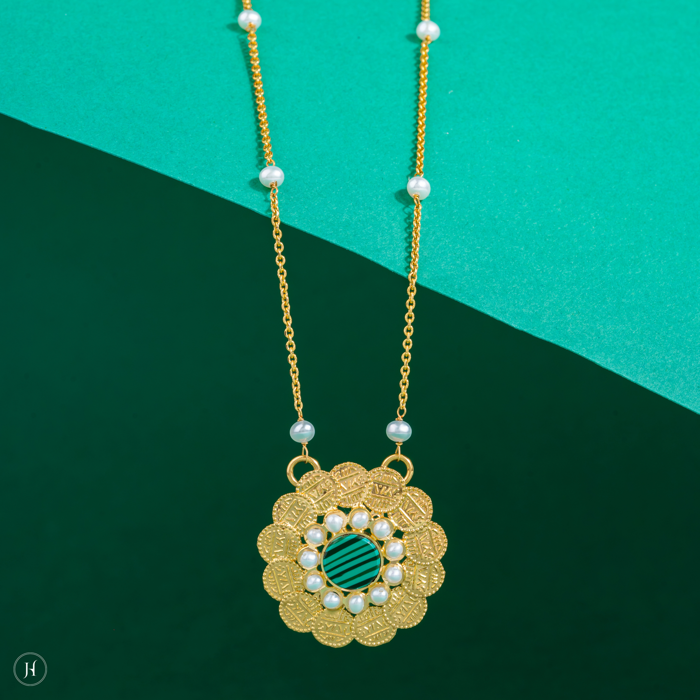 21K Yellow Gold Bahraini Flower Coin Necklace Set with Pearls