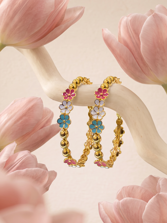 21K yellow gold Bahraini enamel flower bead bangles pair in pink, white and turquoise enamel, loved by Emirati and Khaleeji women, J.H. by Priyansh Jewellery, Dubai, UAE.