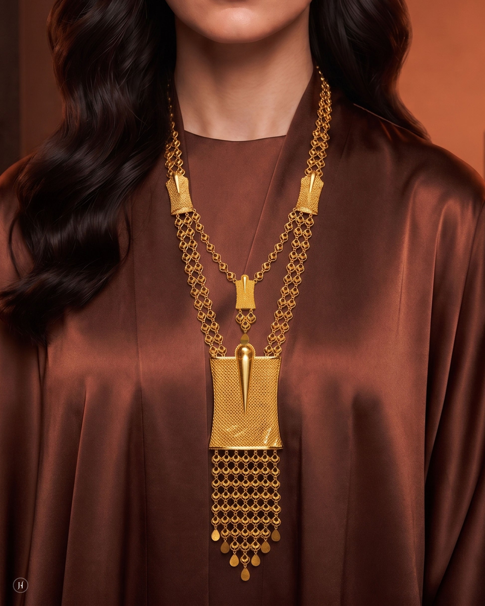 21K yellow gold Bahraini mesh fringe opera necklace with plaque pendant — Emirati and Khaleeji bridal jewellery, Dubai, UAE.