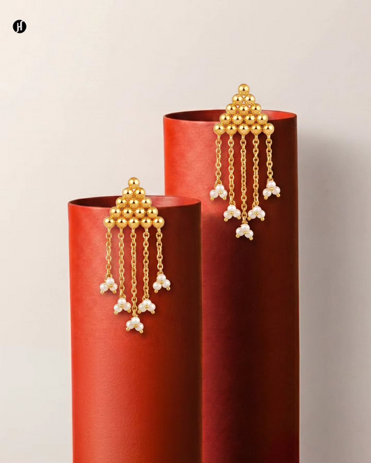 21K yellow gold Bahraini pearl tassel drop earrings — gold bead pyramid with freshwater pearl fringe — Emirati and Khaleeji women's jewellery, Dubai, UAE.