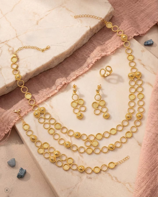 21K yellow gold Bahraini rope circle necklace set with matching earrings, bracelet and ring, loved by Emirati and Khaleeji women| J H By Priyansh Jewellery, Dubai