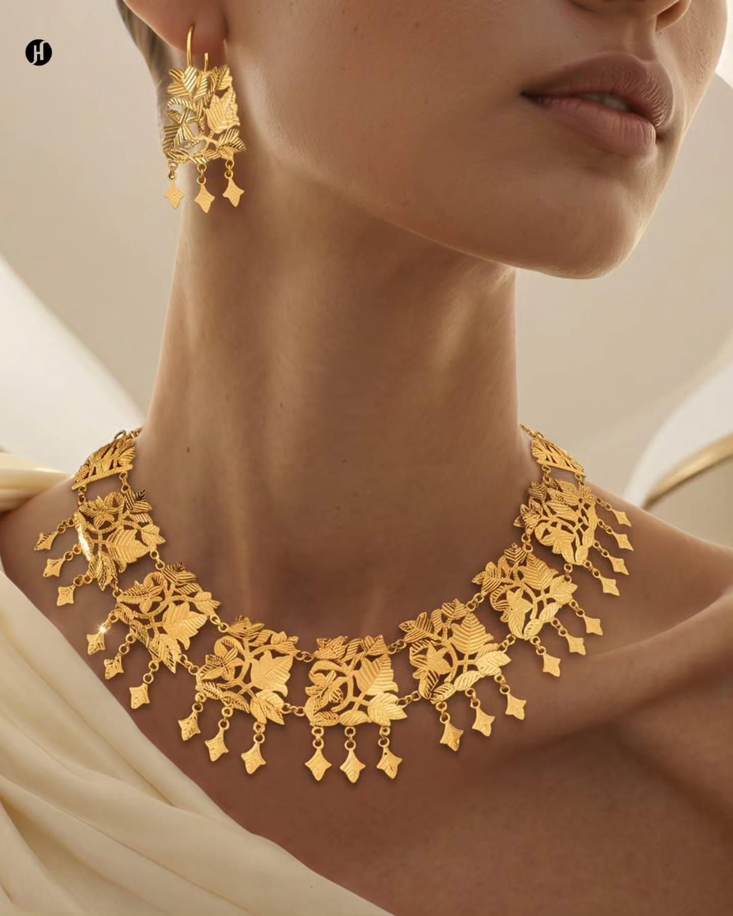 21K yellow gold Bahraini rose leaf collar necklace with matching fringe drop earrings — Emirati and Khaleeji bridal jewellery, Dubai, UAE.