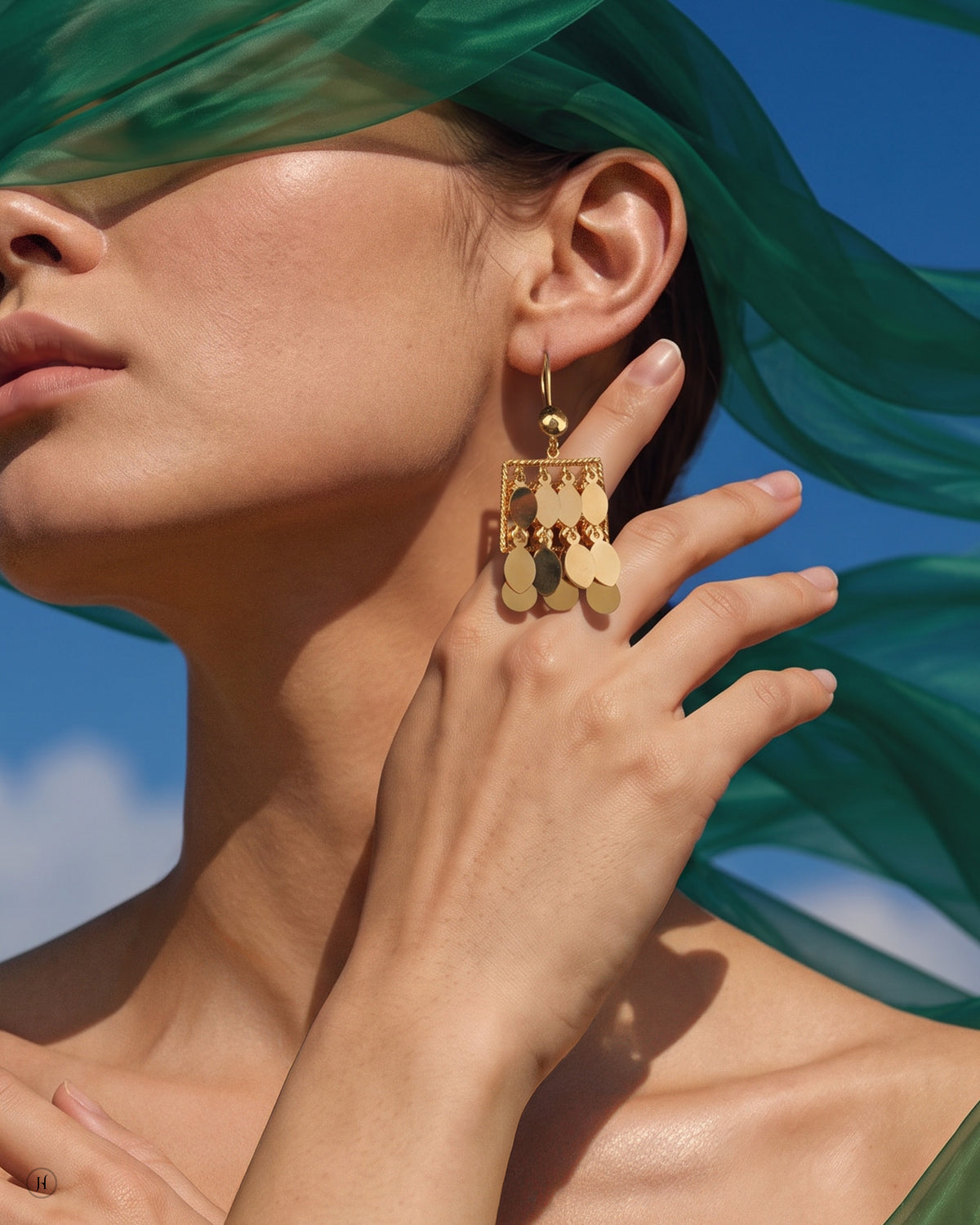 Lady wearing 21K yellow gold Bahraini sequin fringe drop earrings from the choker set, for Emirati and Khaleeji women, J.H. by Priyansh Jewellery, Dubai, UAE.