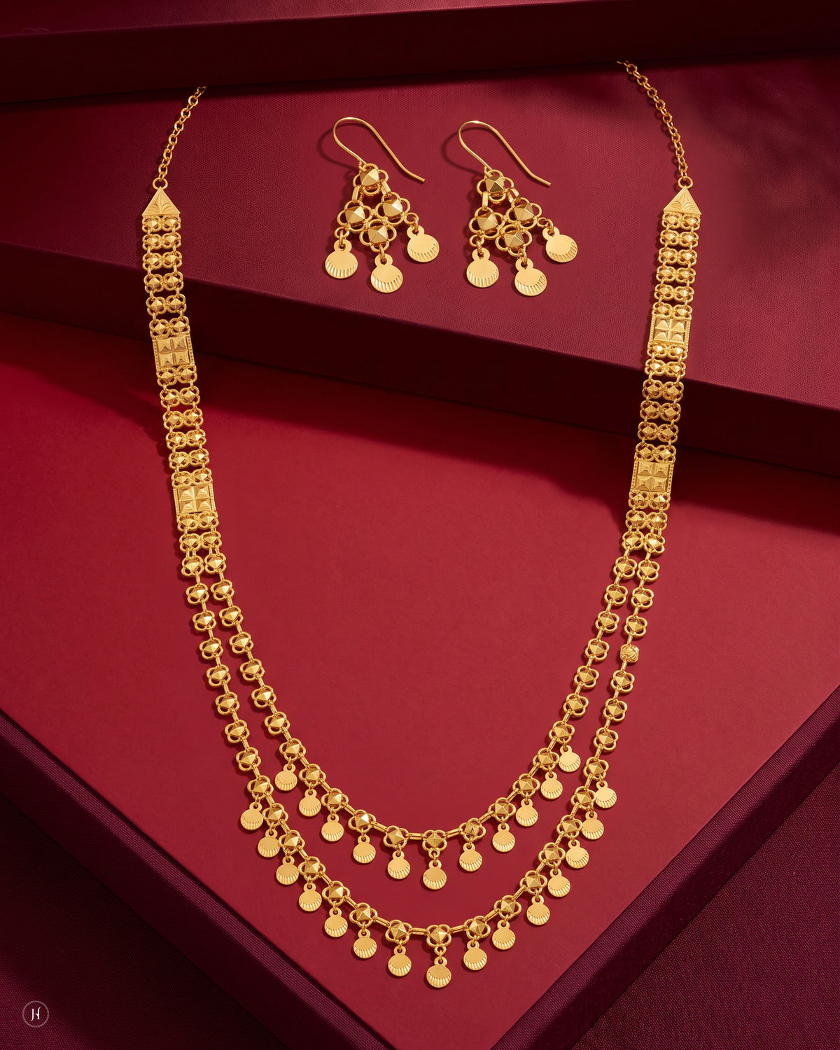 21K yellow gold Bahraini two-row bead drop long necklace set with matching chandelier drop earrings, loved by Emirati and Khaleeji women, J.H. by Priyansh Jewellery, Dubai, UAE.