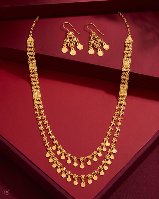 21K yellow gold Bahraini two-row bead drop long necklace set with matching chandelier drop earrings, loved by Emirati and Khaleeji women, J.H. by Priyansh Jewellery, Dubai, UAE.