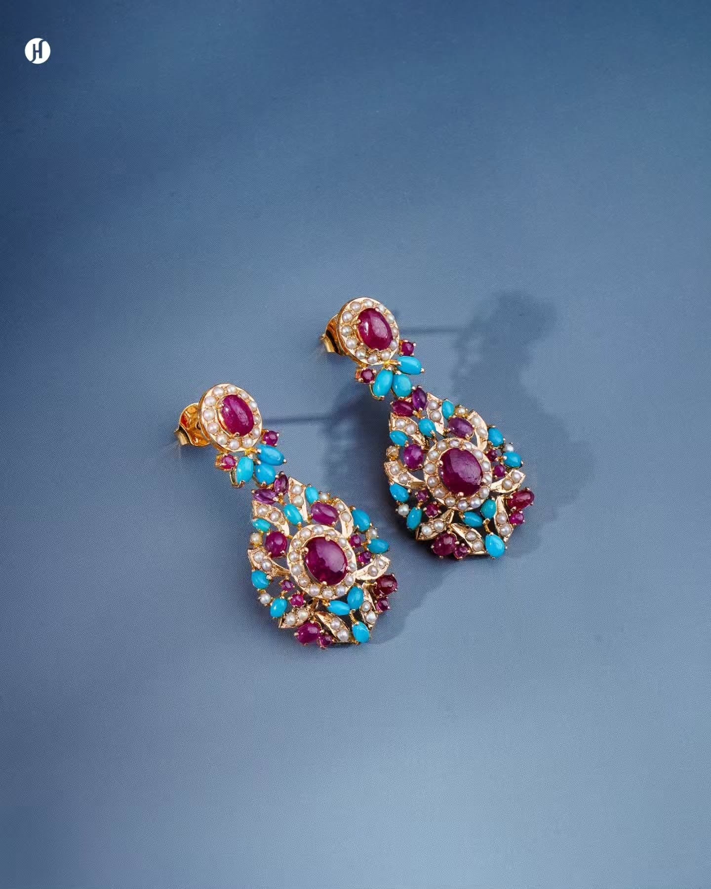 21K yellow gold Pakistani ruby, turquoise and pearl teardrop chandelier drop earrings — Pakistani bridal jewellery, Dubai, UAE.