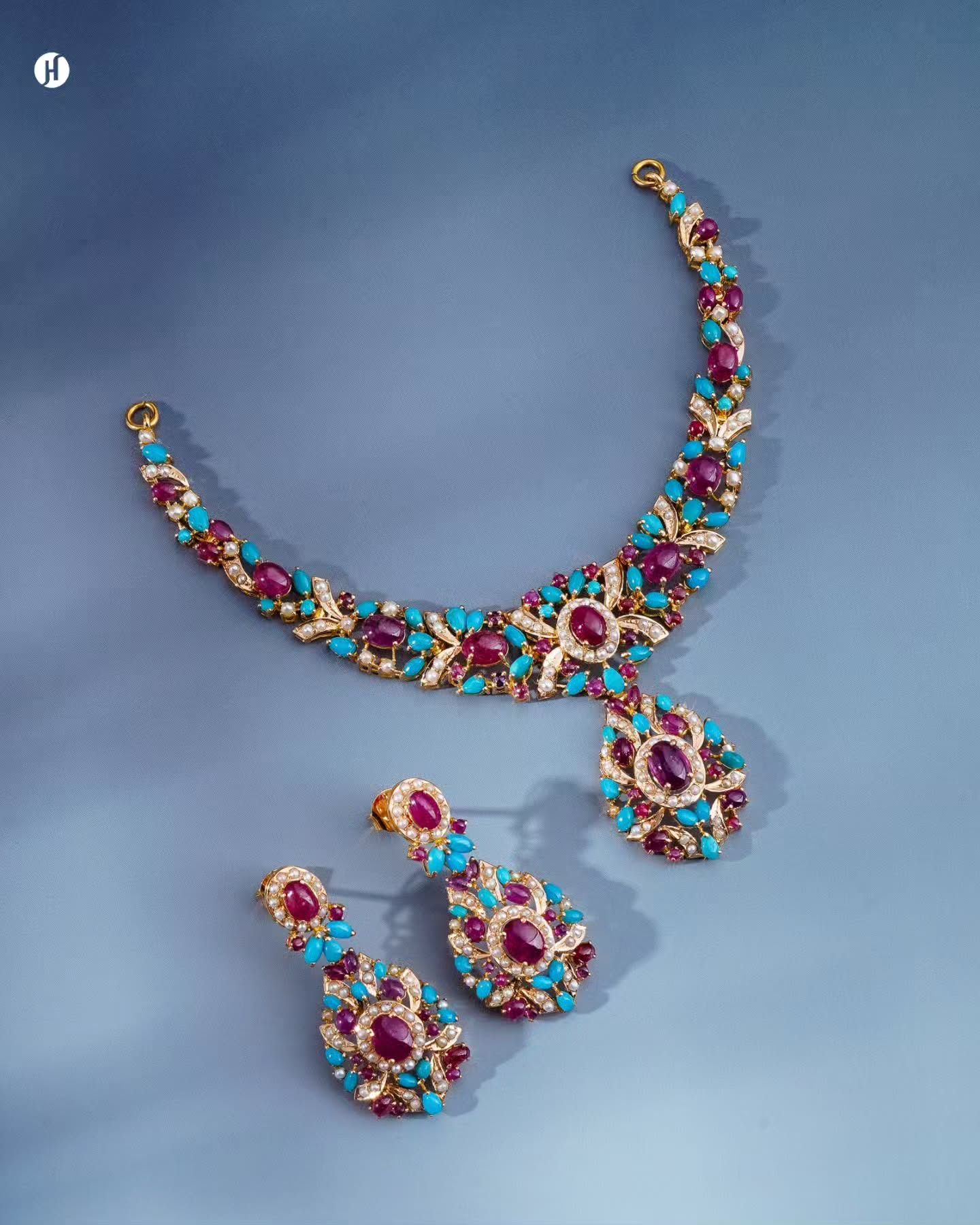 21K yellow gold Pakistani ruby, turquoise and pearl floral necklace set with matching drop earrings — bridal jewellery for Emirati, Khaleeji, Pakistani and South Asian women, Dubai, UAE.