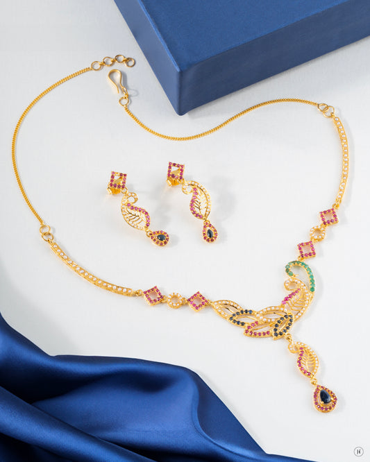 21k Yellow Gold Pakistani Curved Leaf Gemstone Necklace For Women In UAE