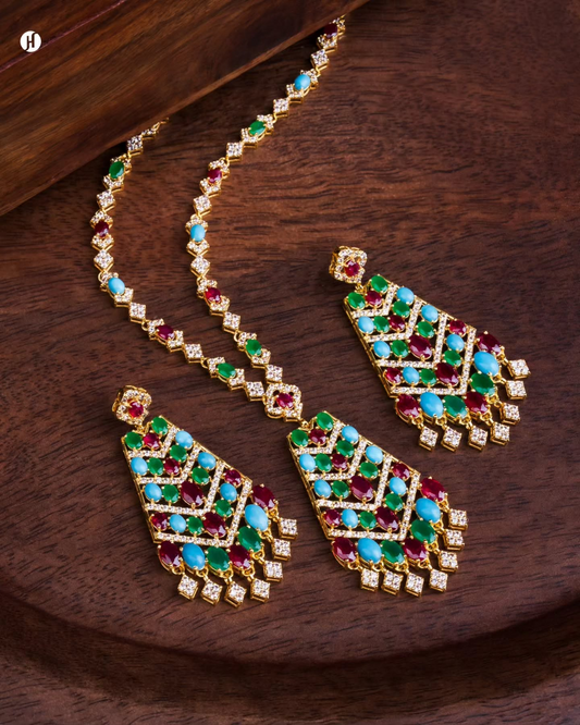 21karat Yellow Gold Bahraini Gemstone Waterfall Necklace Set for Khaleeji Women in Dubai