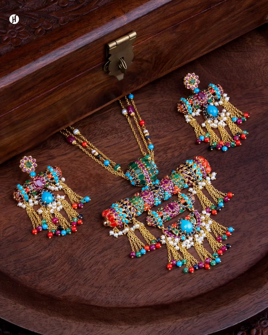 21kt Yellow Gold Bahraini Majestic Multicolored Gemstones Necklace Set