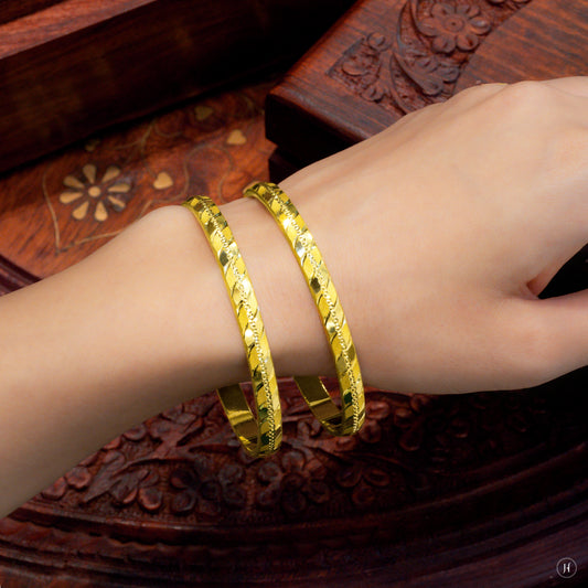 22K 916 Yellow Gold Classic Round Dual Wave Textured Bangles in UAE for ladies